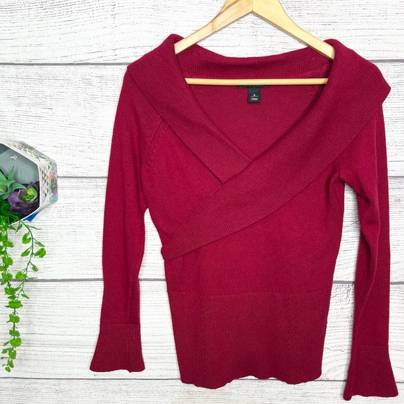 White House Black Market Sweaters - WHBM Red Cashmere Blend Wrapped Wide Collar V Neck Sweater Top Size Small